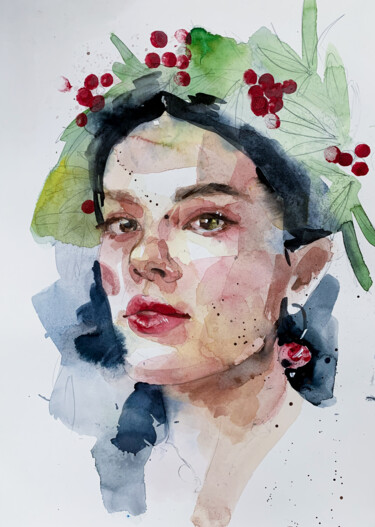 Painting titled "girl in a wreath wi…" by Oleksandra Bieliaieva, Original Artwork, Watercolor