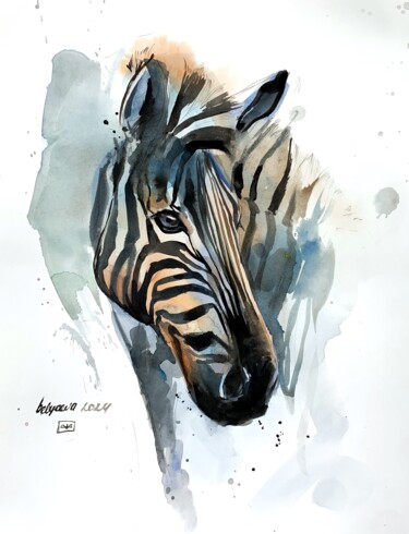 Painting titled "Zebra" by Oleksandra Belyaeva, Original Artwork, Watercolor