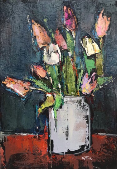 Schilderij getiteld "Just tulips" door Oleksandra Bilobran, Origineel Kunstwerk, Olie Gemonteerd op Frame voor houten branca…