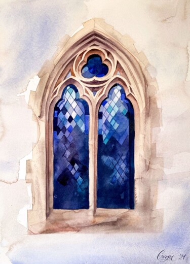 Peinture intitulée "Deep Blue Window" par Oleksandra Hoha, Œuvre d'art originale, Aquarelle