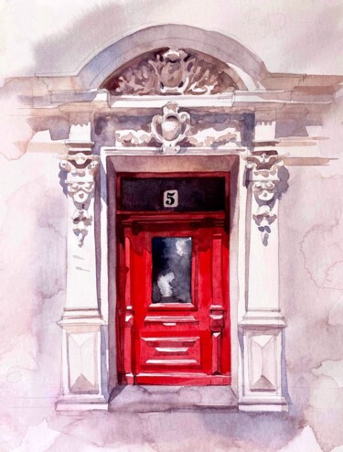 Peinture intitulée "Red door" par Oleksandra Hoha, Œuvre d'art originale, Aquarelle