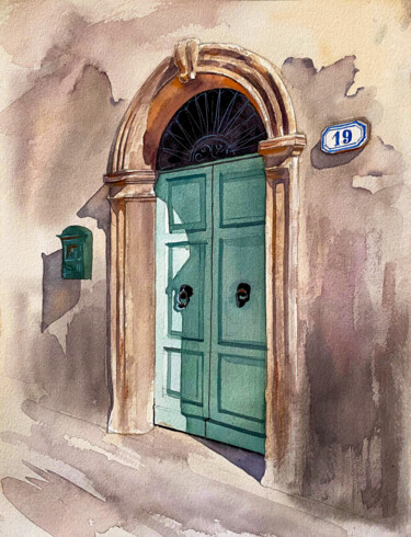 Painting titled "Minty door" by Oleksandra Hoha, Original Artwork, Watercolor