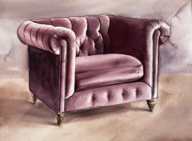 Картина под названием "Dusty Rose Armchair" - Oleksandra Hoha, Подлинное произведение искусства, Акварель