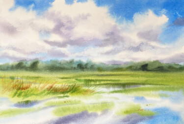 Картина под названием "Fluffy clouds" - Oleksandra Hoha, Подлинное произведение искусства, Акварель
