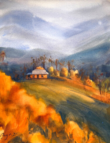 Painting titled "Gold autumn in the…" by Oleksandra Hoha, Original Artwork, Watercolor
