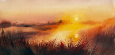 Malarstwo zatytułowany „Sunset over the riv…” autorstwa Oleksandra Hoha, Oryginalna praca, Akwarela