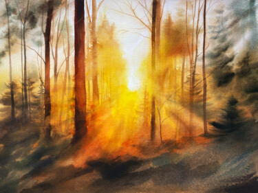 Painting titled "Sunset in the forest" by Oleksandra Hoha, Original Artwork, Watercolor