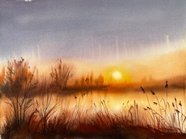Malarstwo zatytułowany „Sunset over the riv…” autorstwa Oleksandra Hoha, Oryginalna praca, Akwarela