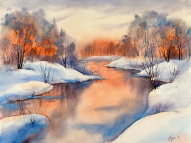 Painting titled "Peachy winter" by Oleksandra Hoha, Original Artwork, Watercolor