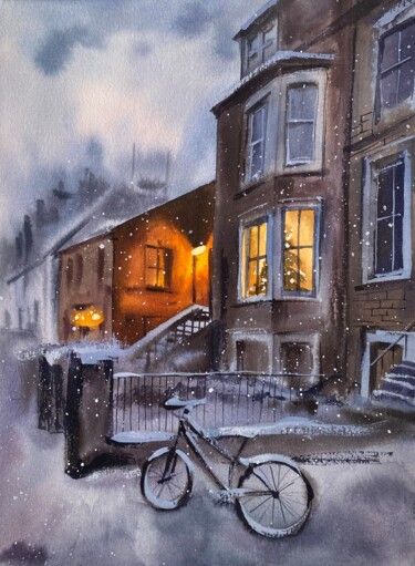 Malerei mit dem Titel "Snowy night 2" von Oleksandra Hoha, Original-Kunstwerk, Aquarell