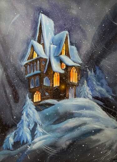 绘画 标题为“Fairytale Winter Ca…” 由Oleksandra Hoha, 原创艺术品, 水彩