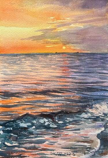 Картина под названием "Sunset on the sea" - Oleksandra Padushyna, Подлинное произведение искусства, Акварель