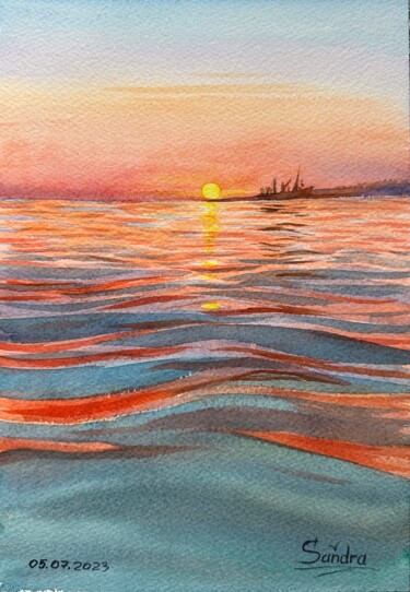 Pintura intitulada "Sunset on Liski bea…" por Oleksandra Padushyna, Obras de arte originais, Aquarela