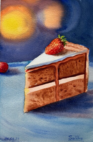 Картина под названием "Celebration cake wi…" - Oleksandra Padushyna, Подлинное произведение искусства, Акварель