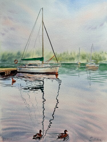 Pintura intitulada "Peace. Yacht at sun…" por Oleksandra Padushyna, Obras de arte originais, Aquarela