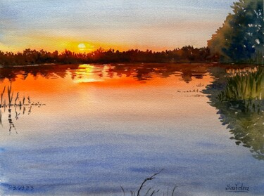 Pintura intitulada "Sunset over Lake Mö…" por Oleksandra Padushyna, Obras de arte originais, Aquarela