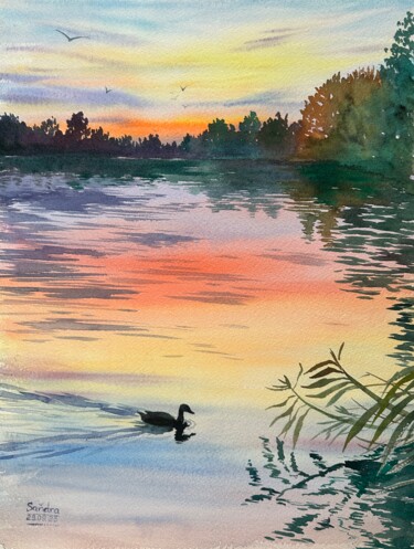 Картина под названием "Sunset over Lake Bi…" - Oleksandra Padushyna, Подлинное произведение искусства, Акварель