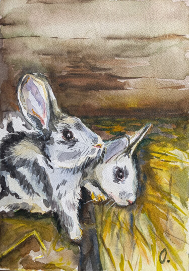 Painting titled "rabbits" by Oleksandra Velychko, Original Artwork, Watercolor