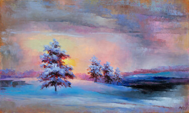 Картина под названием "WINTER EVENING" - Oleksii Vylusk, Подлинное произведение искусства, Масло Установлен на Деревянная ра…