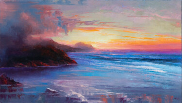 Painting titled "SEA SUNSET 3" by Oleksii Vylusk, Original Artwork, Oil Mounted on Wood Stretcher frame