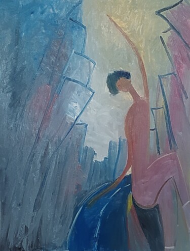 Painting titled "Nude boy/ City" by Oleksyi Zagumnyi, Original Artwork, Oil Mounted on Wood Stretcher frame