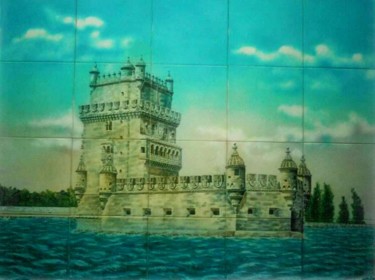 Pintura intitulada "Torre de Belém (ori…" por Olen, Obras de arte originais, Pintura de vitral Montado em Painel de madeira