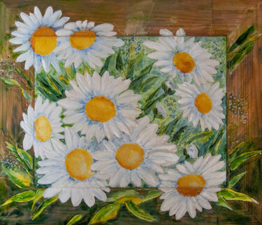 Painting titled "Daisies/ Ромашки" by Olena And Taisiya Voyevodenko, Original Artwork, Stained glass painting