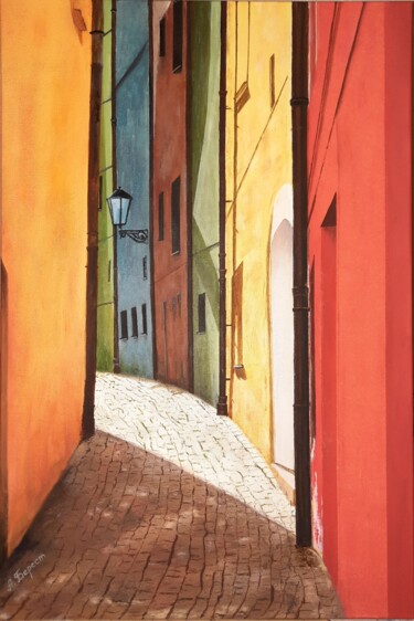 Pintura intitulada "Sunny street" por Olena Berest, Obras de arte originais, Óleo Montado em Armação em madeira