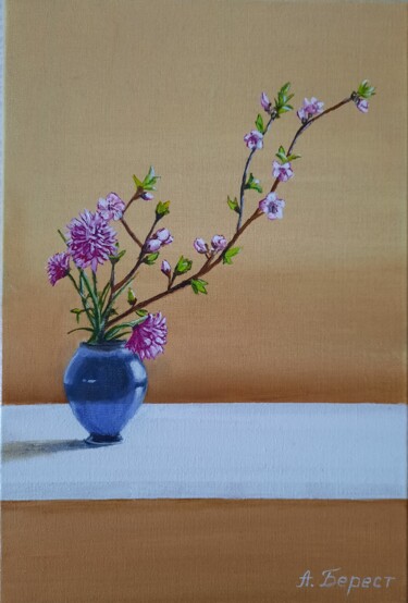 Painting titled "Ikebana" by Olena Berest, Original Artwork, Oil Mounted on Wood Stretcher frame