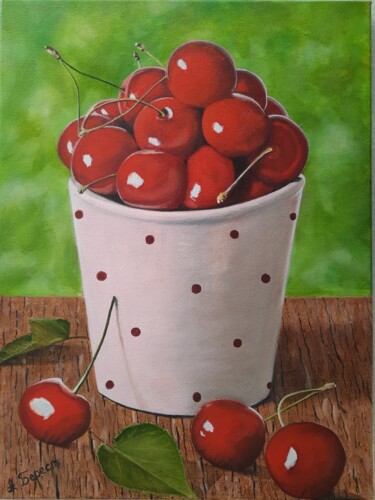 Painting titled "Bucket of cherries" by Olena Berest, Original Artwork, Oil