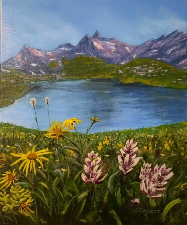 Painting titled "Wildflowers in the…" by Olena Berest, Original Artwork, Oil Mounted on Wood Stretcher frame