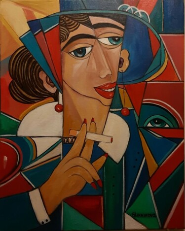 Painting titled "Mulher com sigaro" by Olena Blinnikova, Original Artwork, Oil Mounted on Wood Stretcher frame