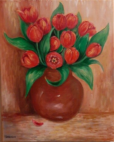 Painting titled "Tulipes" by Olena Blinnikova, Original Artwork, Oil Mounted on Wood Stretcher frame