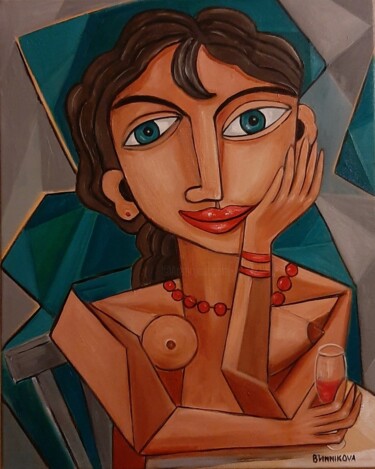Painting titled "Femme joyeuse" by Olena Blinnikova, Original Artwork, Oil Mounted on Wood Stretcher frame