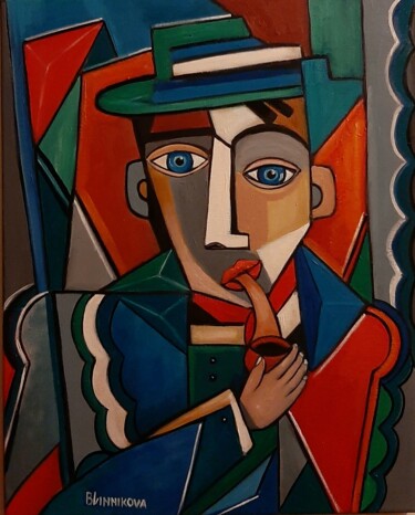 Painting titled "Homme avec pipe" by Olena Blinnikova, Original Artwork, Oil Mounted on Wood Stretcher frame