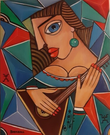 Painting titled "Femme avec balalaika" by Olena Blinnikova, Original Artwork, Oil Mounted on Wood Stretcher frame