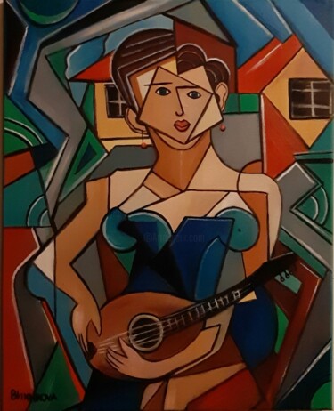 Painting titled "Fille avec guitare" by Olena Blinnikova, Original Artwork, Oil Mounted on Wood Stretcher frame