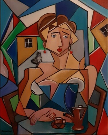 Painting titled "Mulher com um café" by Olena Blinnikova, Original Artwork, Oil Mounted on Wood Stretcher frame