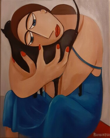 Painting titled "Femme avec un chat" by Olena Blinnikova, Original Artwork, Oil Mounted on Wood Stretcher frame