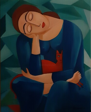 Painting titled "Mulher com gato" by Olena Blinnikova, Original Artwork, Oil Mounted on Wood Stretcher frame