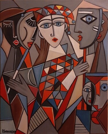 Painting titled "Masques" by Olena Blinnikova, Original Artwork, Oil Mounted on Wood Stretcher frame