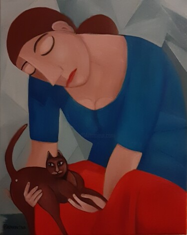 Painting titled "Mulher com um gato" by Olena Blinnikova, Original Artwork, Oil Mounted on Wood Stretcher frame