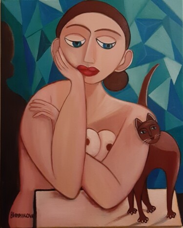 Peinture intitulée "Gato favorito com m…" par Olena Blinnikova, Œuvre d'art originale, Huile Monté sur Châssis en bois