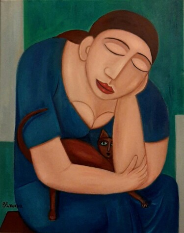 Pintura intitulada "Femme avec chaton" por Olena Blinnikova, Obras de arte originais, Óleo Montado em Armação em madeira