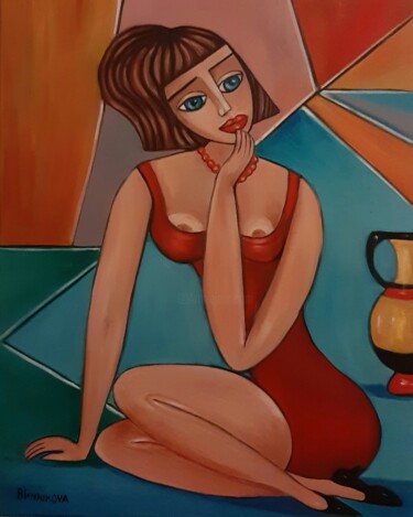 Peinture intitulée "Femme en robe rouge" par Olena Blinnikova, Œuvre d'art originale, Huile Monté sur Châssis en bois