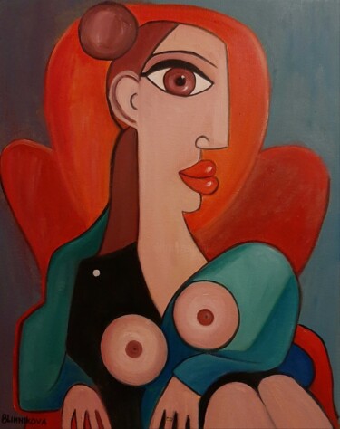 Painting titled "Mulher em uma cadei…" by Olena Blinnikova, Original Artwork, Oil Mounted on Wood Stretcher frame