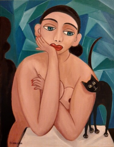Картина под названием "Mulher e gato preto" - Olena Blinnikova, Подлинное произведение искусства, Масло