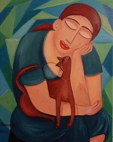 Pintura titulada "Mulher com um gatin…" por Olena Blinnikova, Obra de arte original, Oleo Montado en Panel de madera