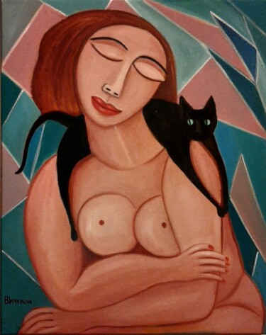 Картина под названием "Женщина с котом на…" - Olena Blinnikova, Подлинное произведение искусства, Масло Установлен на Деревя…