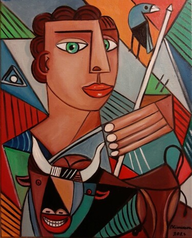 Painting titled "Homem d touro" by Olena Blinnikova, Original Artwork, Oil Mounted on Wood Stretcher frame